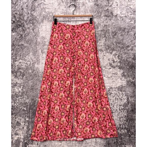 Free People Maxi Skirt 4 Womens Pink Floral Button Front Slit - Picture 1 of 7